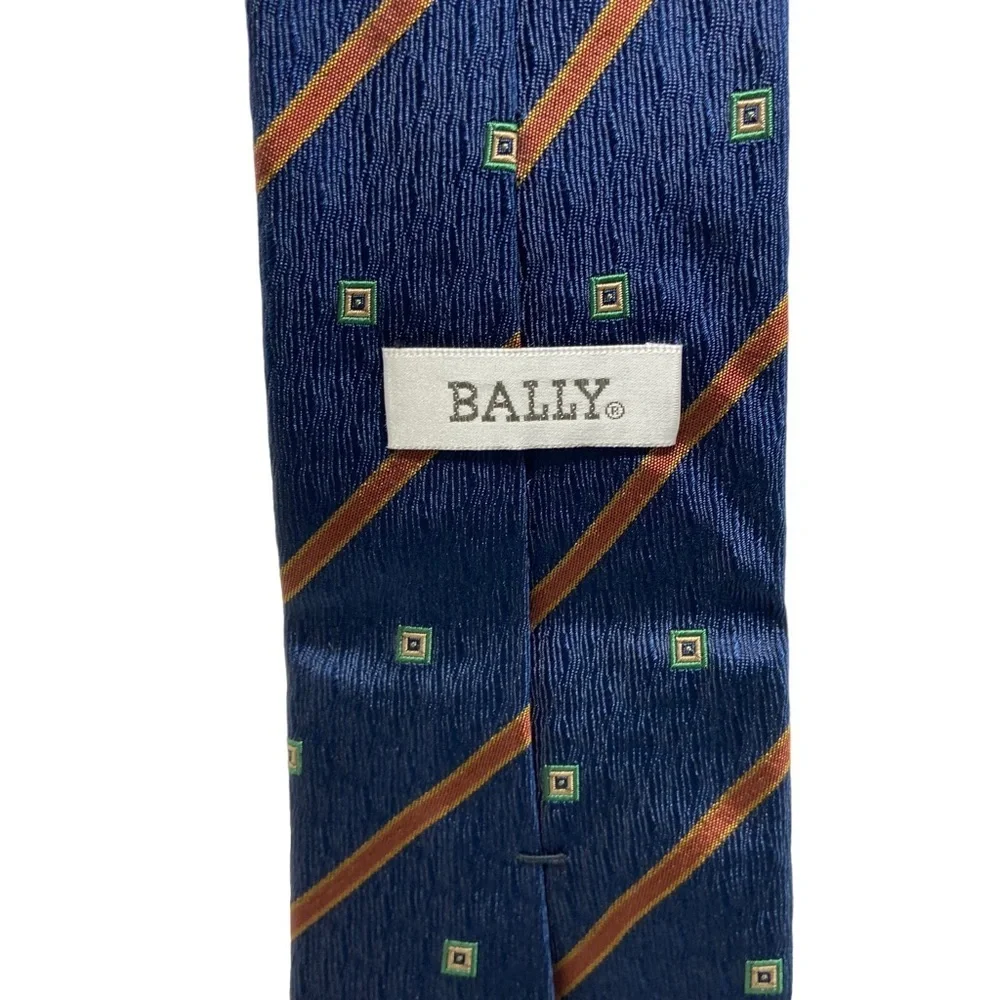 Bally Necktie. Blue with Rust Stripes and Green Squares.